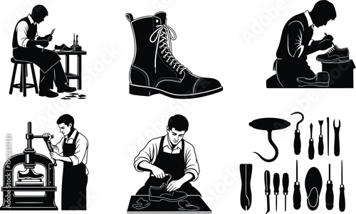 Traditional shoemaker silhouettes showing leather shoe crafting, repair tools, handmade boots and cobbler process isolated on white background vector set