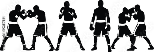 Boxing fighters silhouette collection showing combat stances, punches and defensive poses isolated on white background sports vector illustration set