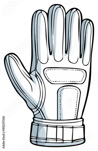 Detailed line art illustration of a single protective sports glove with subtle blue shading