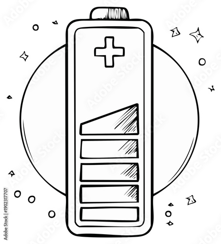 Hand-drawn doodle battery icon showing a partial charge level, black and white sketch representing power and energy.