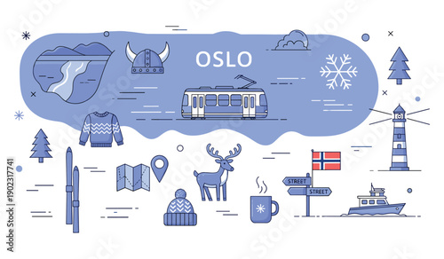Oslo winter icons: tram, scenery, and cultural symbols in blue