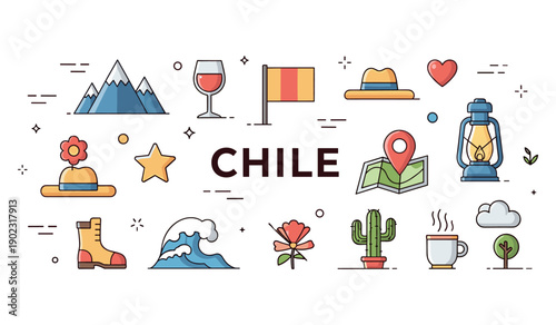 Chile symbols: mountains, wine, flag, hat, nature icons illustrations