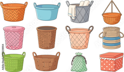 Set of colorful storage baskets and laundry bins including woven wicker plastic and fabric containers isolated on white background for home organization.