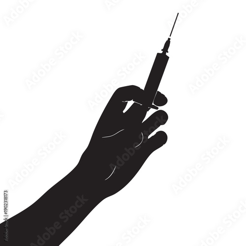 Hand holding syringe vector silhouette, medical injection, vaccination campaign, healthcare procedure, illness treatment, drug administration, clinic and hospital concept