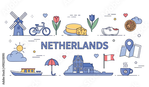 Netherlands icons: windmill, tulips, cheese, wooden shoes, boat, and bicycle