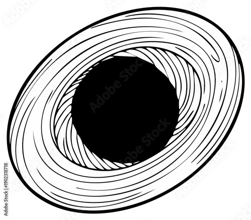 Abstract black and white swirling lines create an optical illusion vortex design with a central void