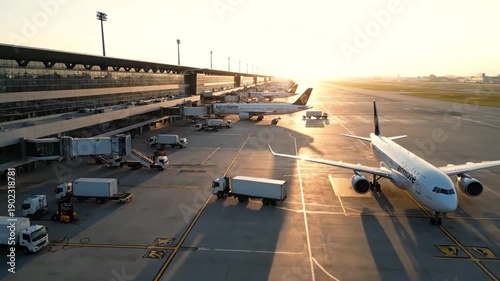 An aerial view of a busy airport tarmac at golden hour, with multiple commercial airplanes parked at gates and ground support vehicles moving around, bathed in the warm glow of the setting sun.