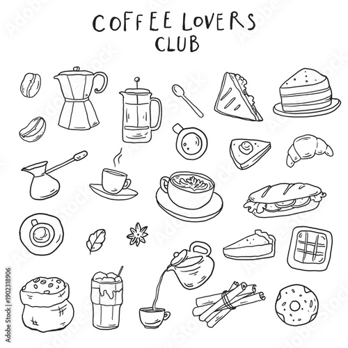 Hand drawn coffee sketch . Whimsical food and drink doodles set. Hand drawn vector illustration for menu, packaging design. Coffee shop quirky icons, simple sketch style. Minimalist line art. 