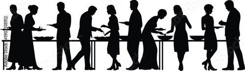Elegant silhouette of people standing in line at buffet table during corporate event, catering service, business party, food serving concept, social gathering, hospitality and restaurant illustration.