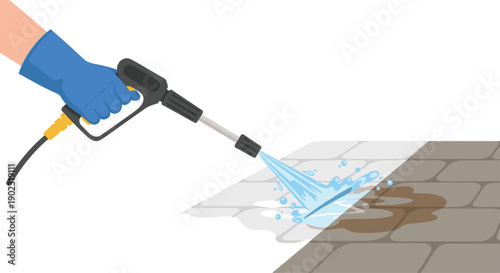 Hand in Blue Glove Using a Pressure Washer to Clean Dirt from a Stone Path Maintenance and Cleaning Task.