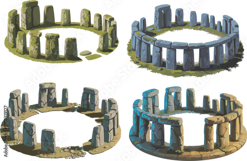 Stonehenge illustration artwork, prehistoric monument design, ancient standing stones drawing, seasonal lighting variations, fantasy environment concept, cultural heritage scene, stock image