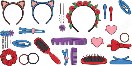 Colorful hair accessories and grooming tools set including headbands, brushes, combs, hair clips, and scrunchies in a clean flat vector illustration style.