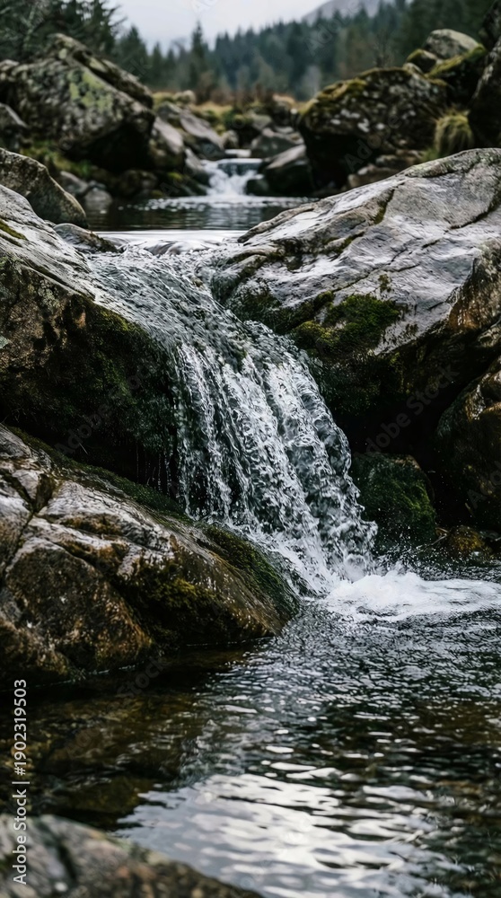 Fototapeta premium Serene waterfall cascading over mossy rocks in forest