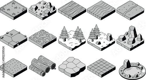 Terrain tiles, modular pieces, board game design, tabletop landscape, flat surfaces, trees, rocks, mountains, logs, hills, star elevation, fantasy environment asset