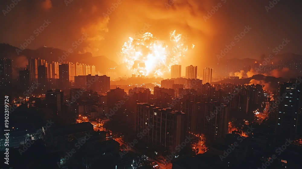 Obraz premium A large bright explosion illuminates a dense city skyline at night with smoke and clouds overhead