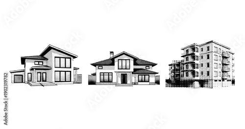 Comparison of suburban house, cottage, and urban apartment building in halftone style