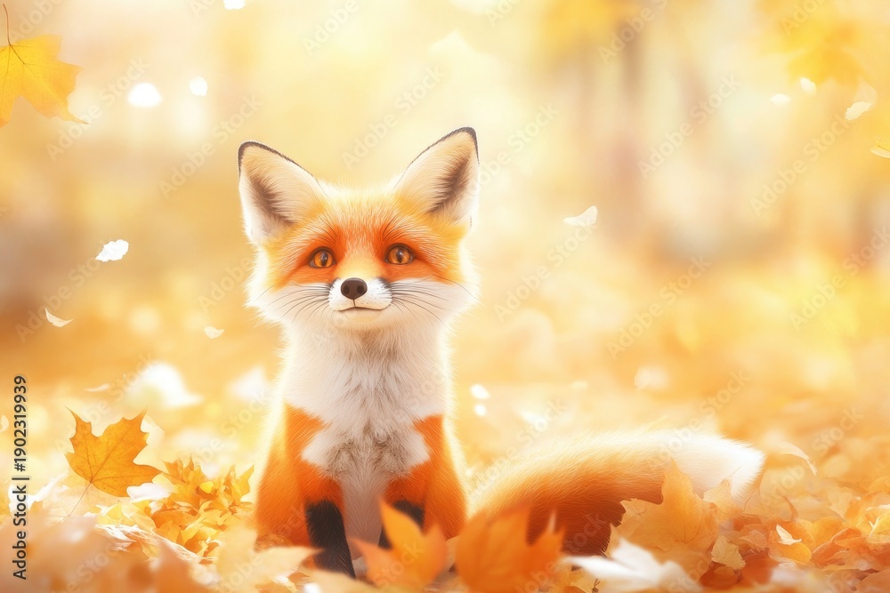 Fototapeta premium Adorable fox cub in autumn leaves with sunlit bokeh background