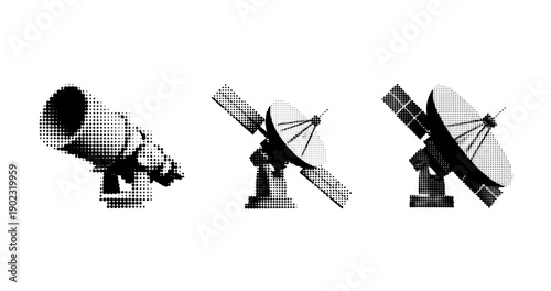Monochrome halftone antenna icons: telescope, satellite, and radars