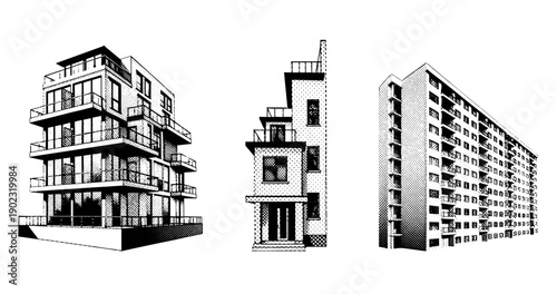 Stylized black and white architectural renderings of modern apartment buildings