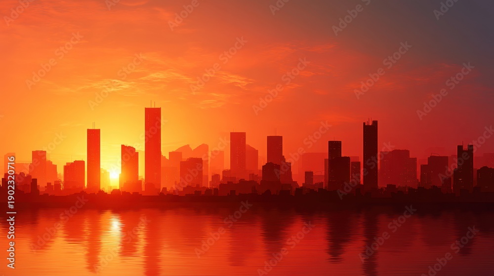 Obraz premium Silhouette of a generic city skyline at sunset or sunrise over water. Modern metropolitan landscape with vibrant orange sky. Urban environment concept.