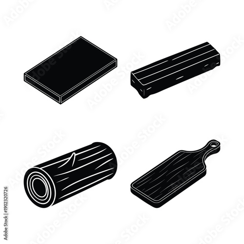 Set of wood materials icons including lumber planks, wooden boards, log timber, cutting board and stacked wood, isolated on white background.
