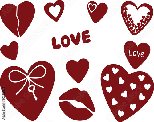 Valentine’s Day vector illustration, romantic hearts, love symbols, broken heart, lips kiss, ribbon key, bold typography, red white design, holiday romance art