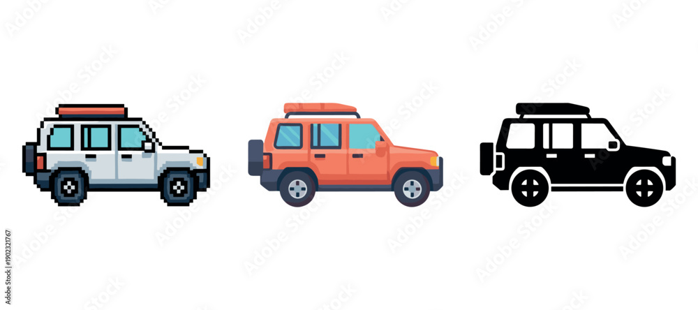 Naklejka premium Pixel art, cartoon, and silhouette suvs on white background