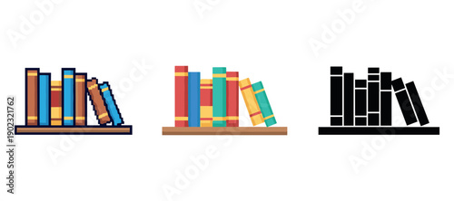Set of bookshelf icons in colorful, pixel art, and silhouette styles
