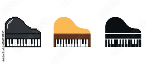 Pixel, flat, and silhouette style grand piano icons on white background