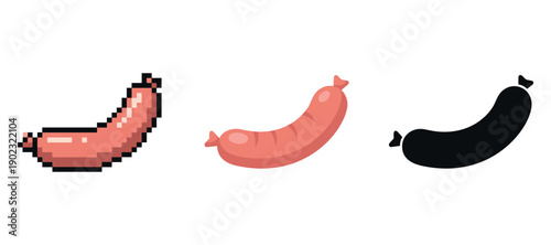 Pixel, cartoon, and silhouette sausages: diverse style representations on white background