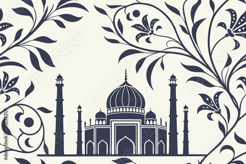 A minimalist vector illustration of the Taj Mahal with floral designs