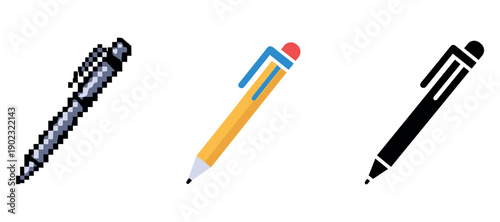 Assorted digital pen icons: pixelated, colorful, and silhouette designs on white background