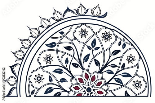 A beautiful floral vector graphic design with intricate patterns and leaves in a semicircle shape