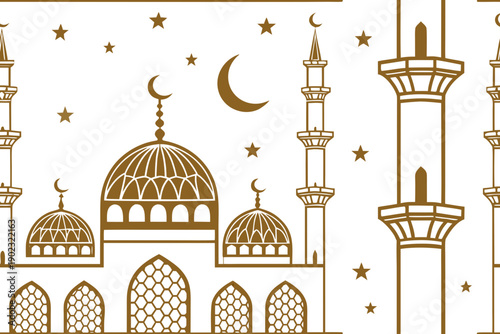 A minimalist vector illustration of a mosque with domes and minarets under a starry night sky