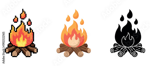 Pixel, cartoon, and silhouette campfire illustrations with logs and flames