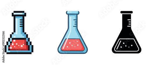 Pixelated and simplified chemistry flasks with red liquid in three styles