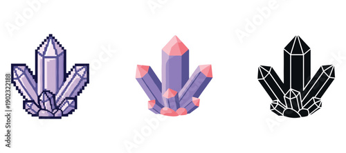 Pixel, geometric, and glossy crystal designs in various styles