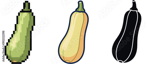 Three eggplant variations: pixel art, cartoon, silhouette designs