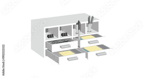 White Desk Organizer with Multiple Drawers and Shelves Holding Office Supplies for Orderly Workspace.