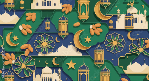 Ramadan Kareem Islamic celebration with mosque lanterns and crescent moon.