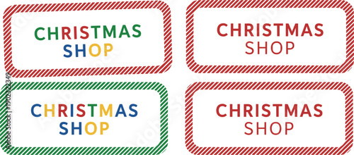 Christmas shop label set, festive holiday tag design, colorful and red text graphics, branding element pack, cad drawing flat vector illustration