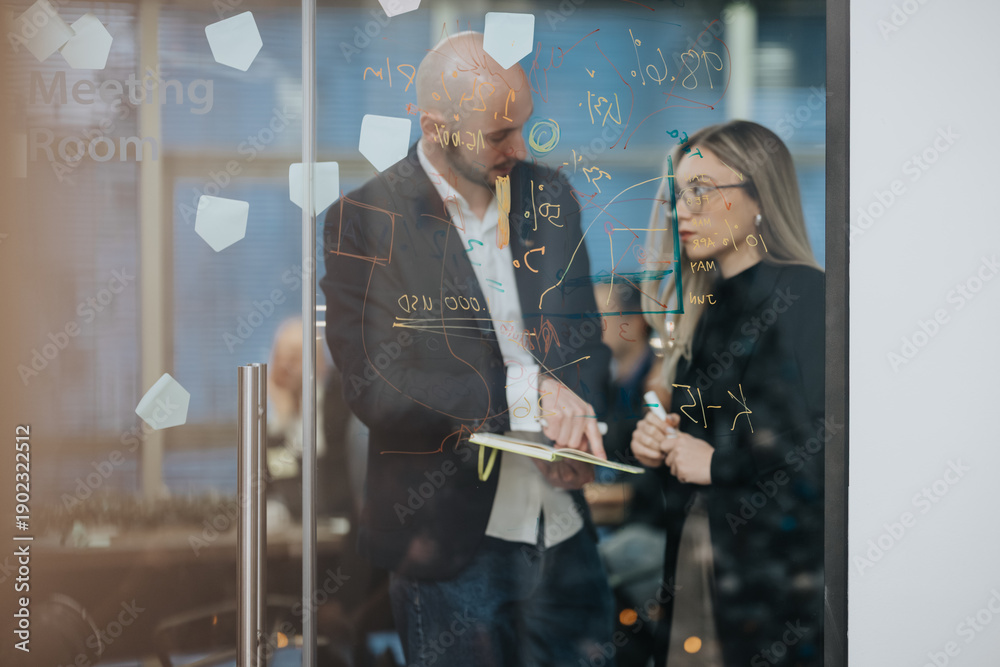 Obraz premium Two business professionals collaborate in a glass meeting room. They brainstorm ideas with drawings and notes on the glass wall.