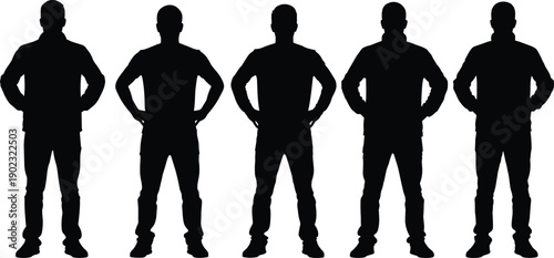 Silhouette people illustration, standing posture design, identical human figure, hands on hips pose, black outline artwork, group character vector, uniform identity concept
