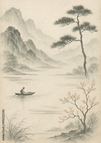 Serene landscape with traditional elements.