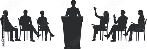 Silhouette of business conference speaker at podium with audience sitting on chairs, seminar discussion concept, public presentation, meeting event illustration isolated on white background.