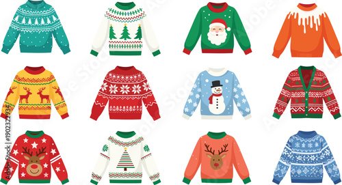 Christmas sweater collection, festive holiday knitwear, seasonal fashion, ugly sweater party outfit, cartoon winter design, cad drawing flat vector illustration