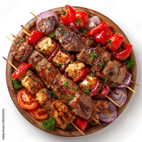 Assorted Grilled Kebabs on Wooden Platter Top View Featuring Beef and Chicken Skewers with Grilled Vegetables Delicious Barbecue Cuisine Tasty Meal Topshot