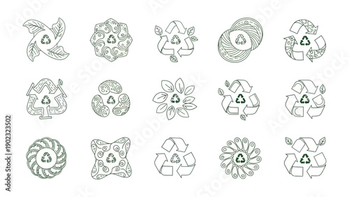 Eco-Conscious Imagery: A Collection of Artistic Recycling Symbols: A visually appealing compilation of intricately designed recycling symbols, each adorned with floral or leaf-inspired elements.