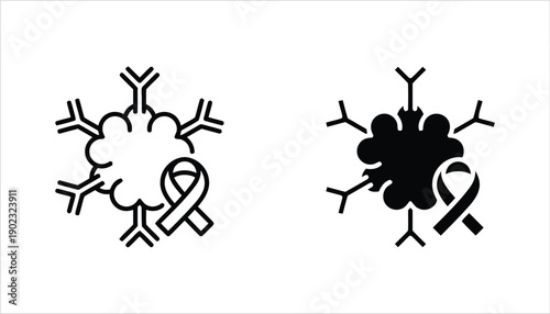 Antibody attacking cancer cell icons with awareness ribbon medical graphic