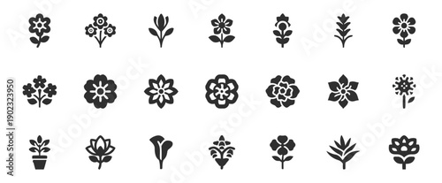 Assortment of floral and botanical icons with various flower designs